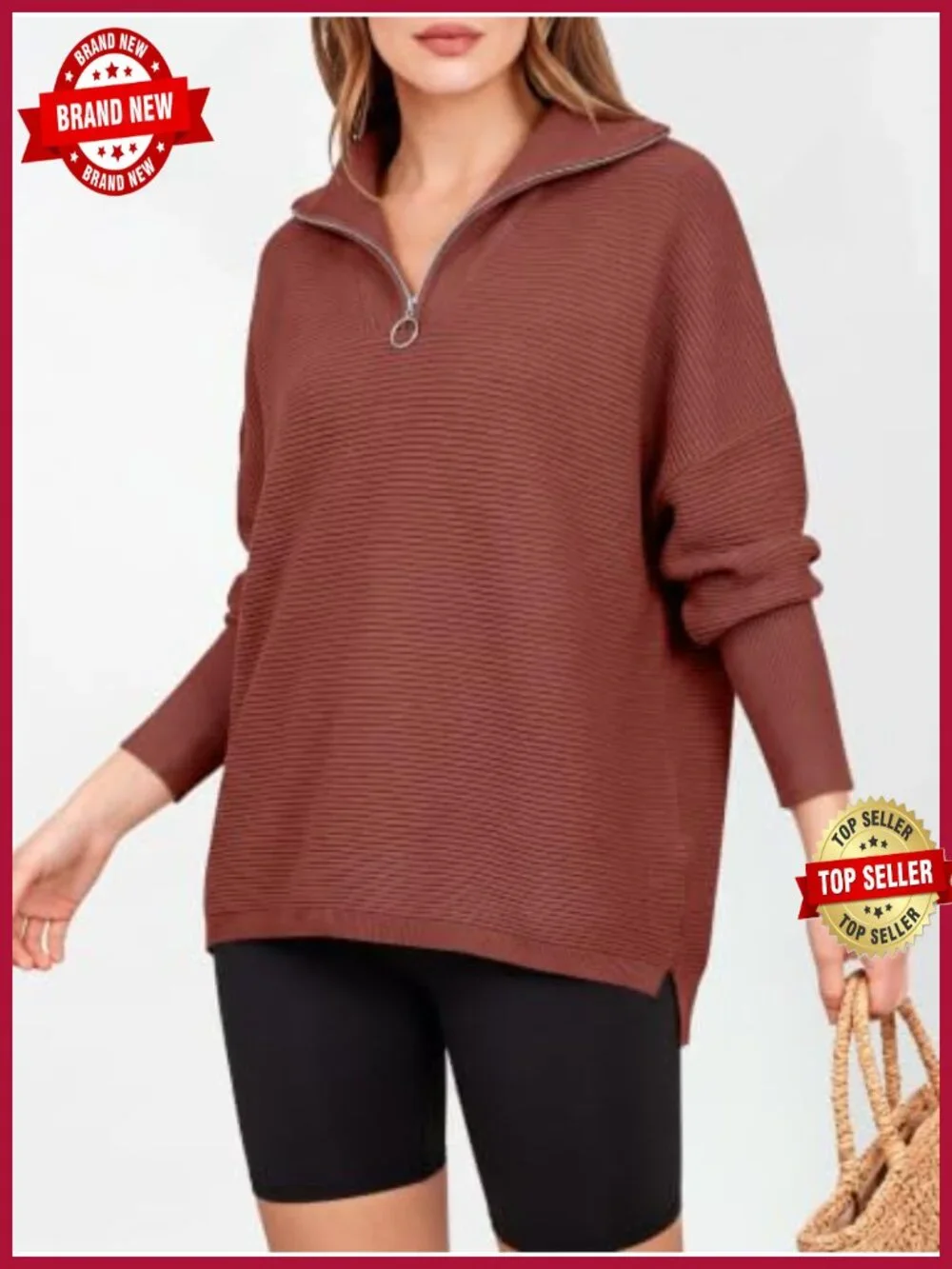 Women's Oversized Quarter Zip Pullover Sweater, Long Sleeve V-Neck Ribbed Knit